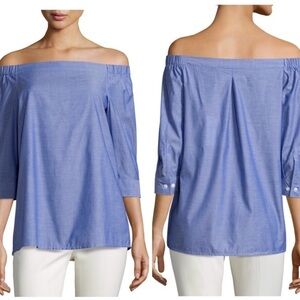 Theory Joscla Icon Shirting blue chambray off the shoulder cotton top medium